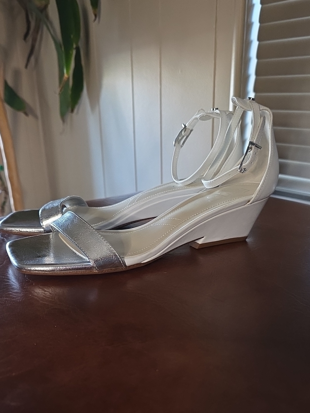 Franco Sarto Metallic Silver Ankle-Strap Wedge Sandals